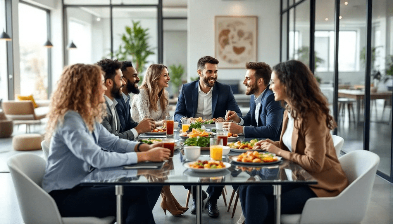A professional office team is gathered around a modern workspace, enjoying a delicious catered lunch featuring quality food and fresh ingredients. The atmosphere is lively as employees share positive feedback about the office catering services, highlighting the convenience and exceptional taste of the meals provided for their corporate event.