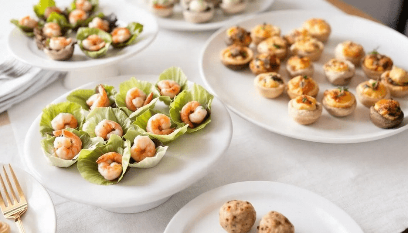 An elegant arrangement of a variety of canapés and finger foods is displayed on serving platters, showcasing quality food ideal for corporate events. The presentation features a selection of delicious bites, perfect for catering to guests' dietary requirements during business meetings or lunches.